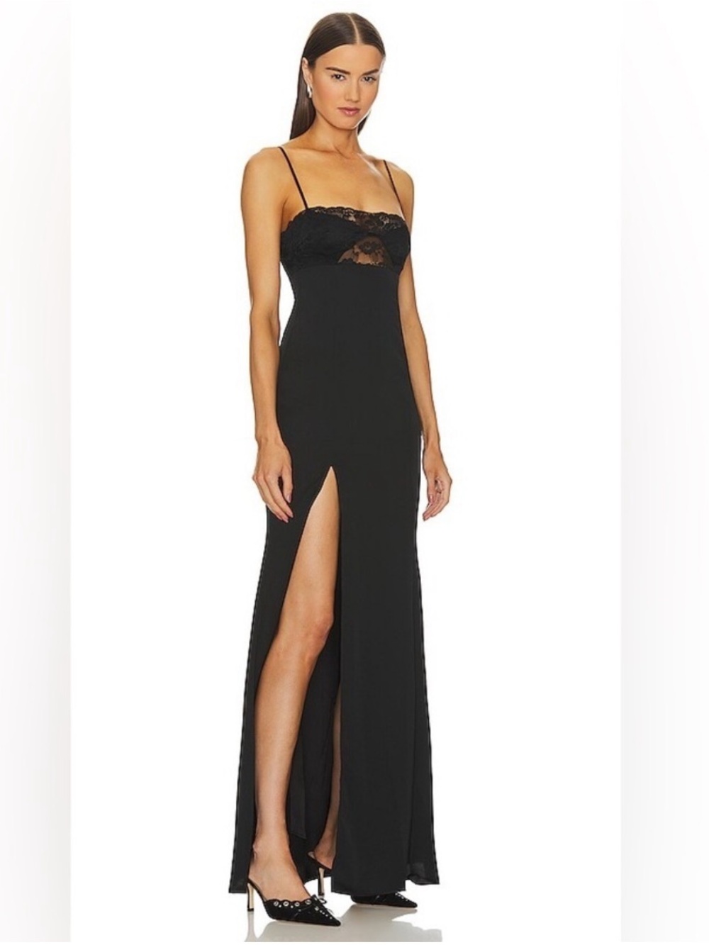 Lovers + Friends Black Lace-Trim High-Slit Maxi Dress